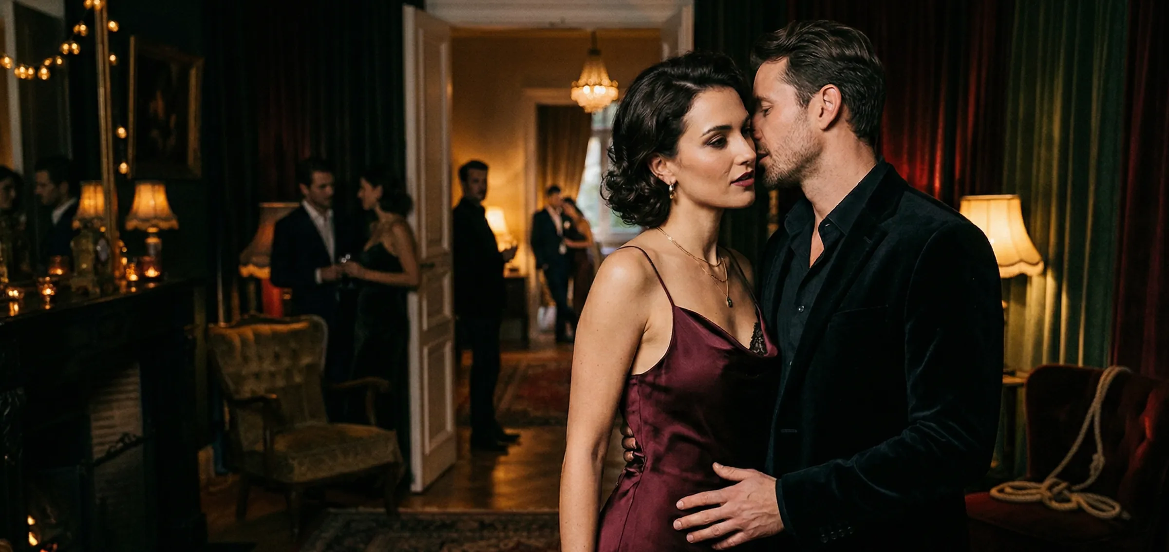 A couple in evening wear sharing a close moment in a candlelit villa salon
